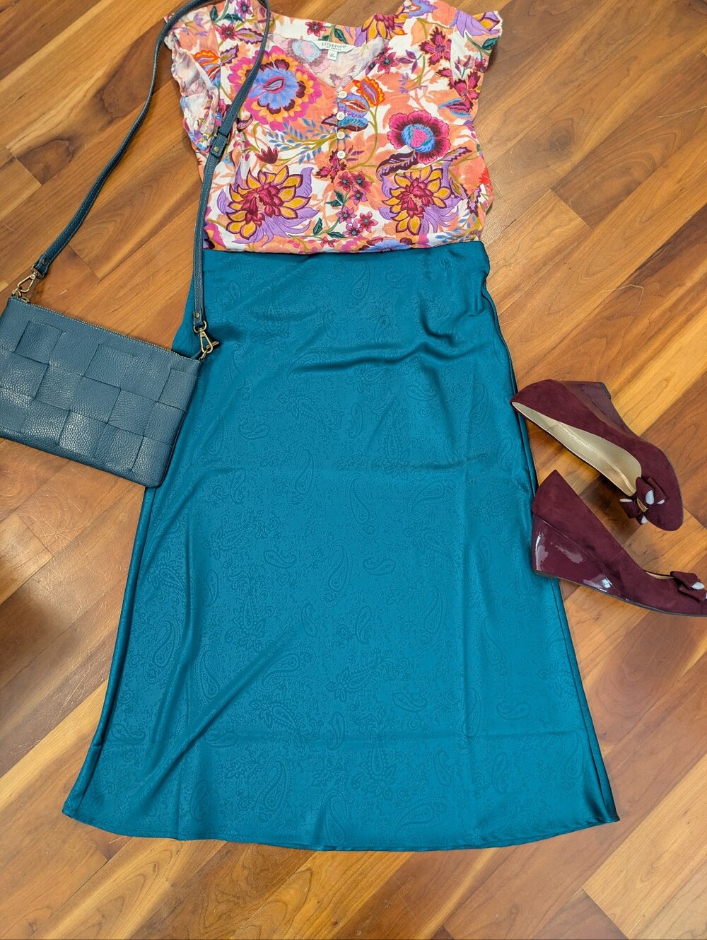 Rachel Zoe Teal Satin Midi Skirt
